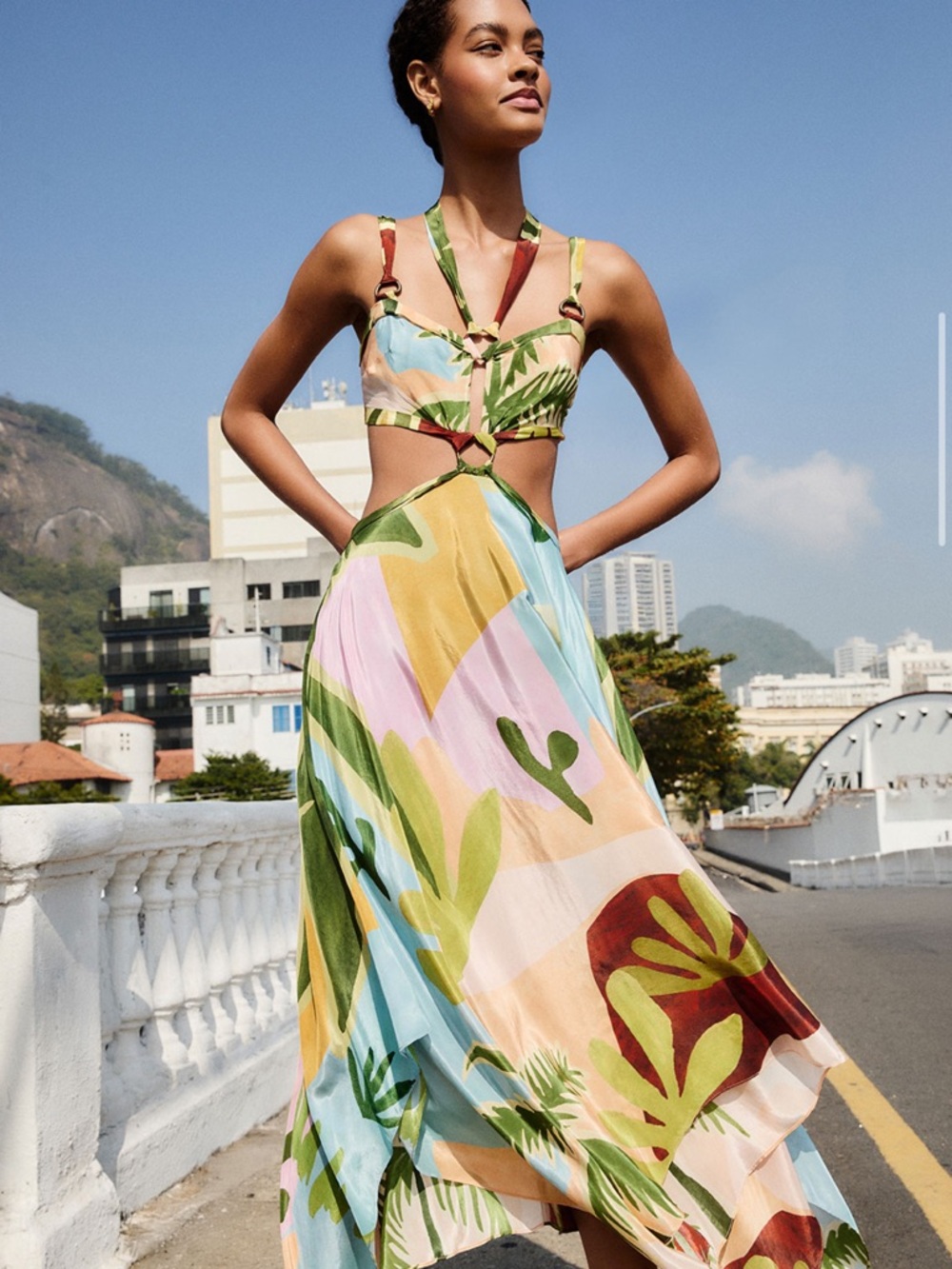 farm rio Multicolor Tropical Painting Cut-Out Buckles Maxi Dress XS